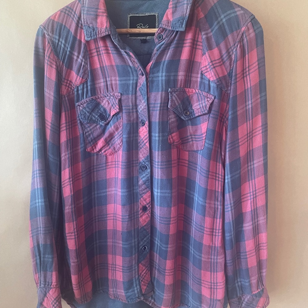 Softest Super Rails Red/Navy Plaid Button-Down L/… - image 1